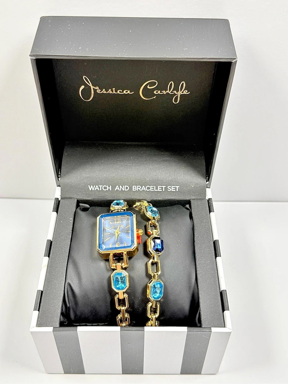 Jessica Carlyle Watch and Bracelet Set in Gold & Blue Like New